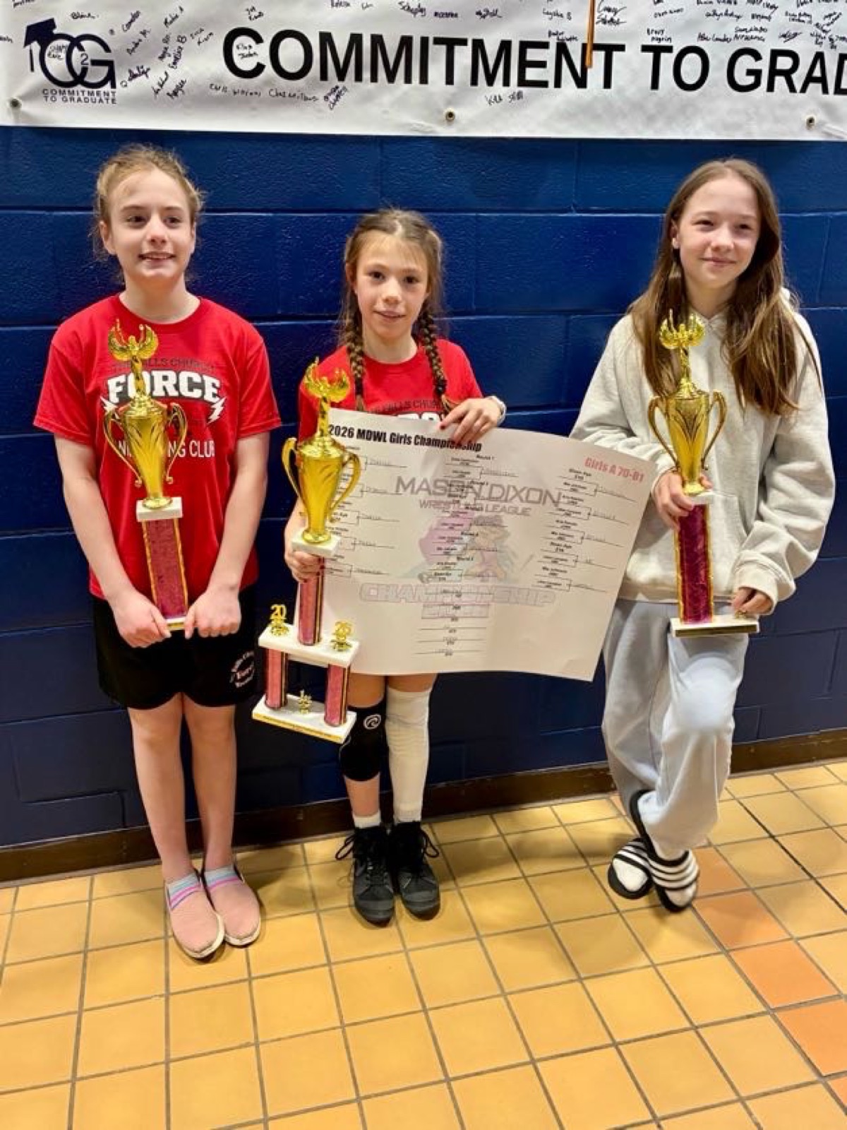 Girls holding championship trophies